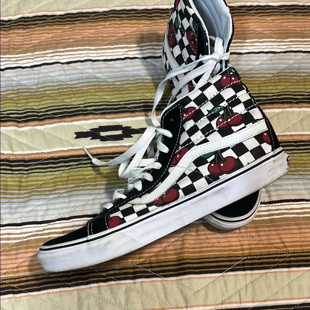 Vans Black and White Checkerboard High-Tops with Cherry 🍒 Red Accents